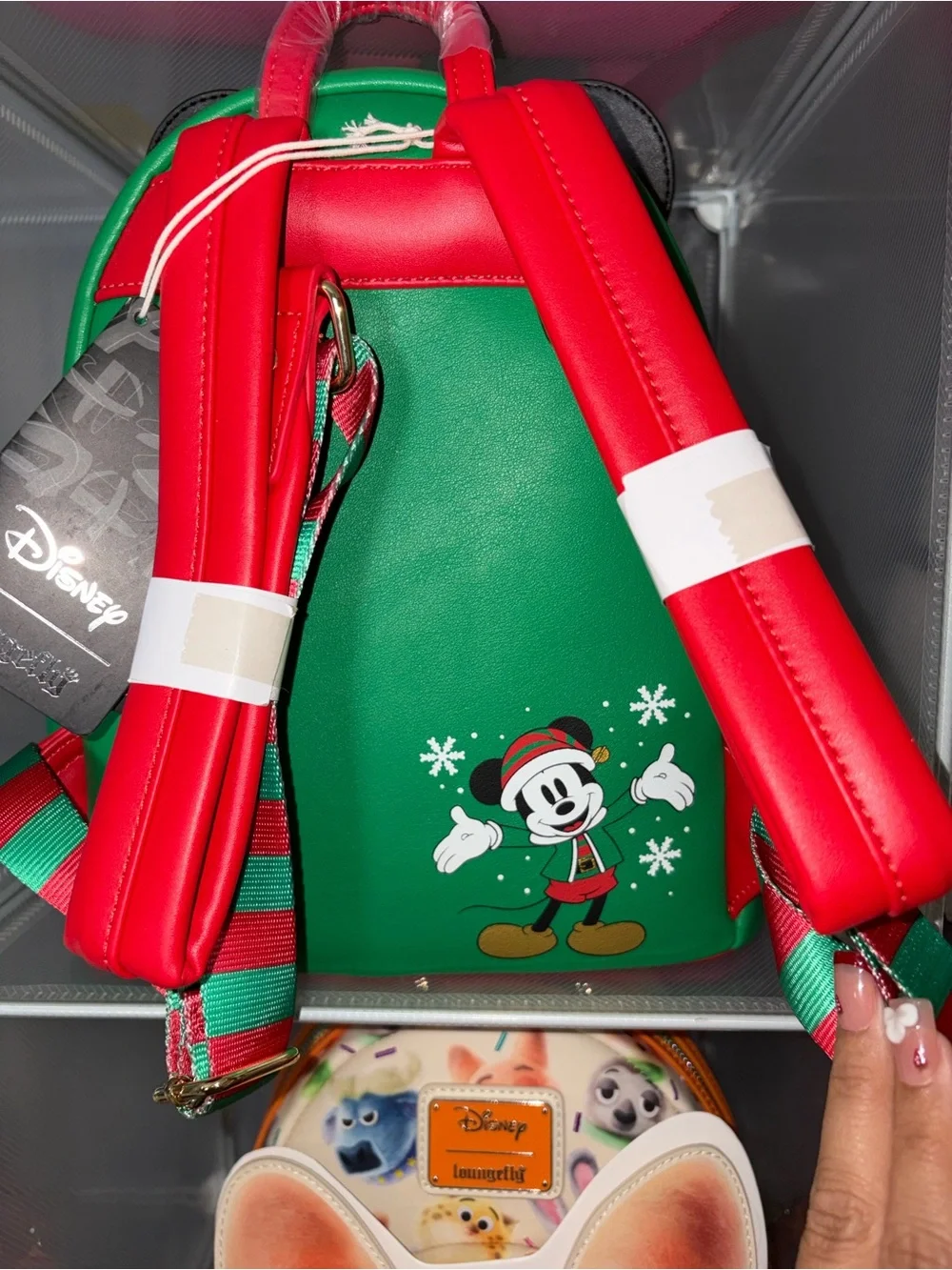 Loungefly Green & Red Mickey Holiday Backpack with Sherpa Trim